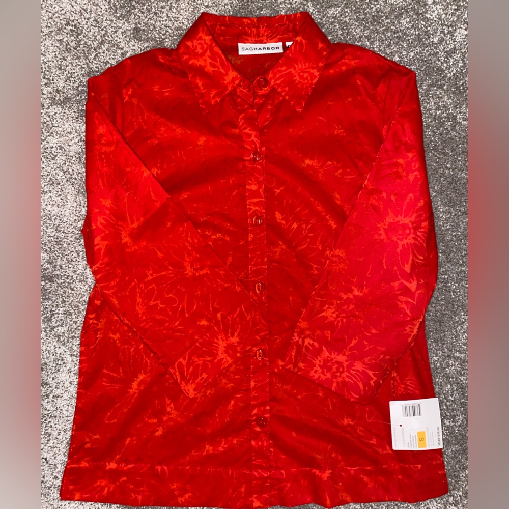 Coral Red Lace Patterned Sheer Button Down Small - Picture 6 of 8